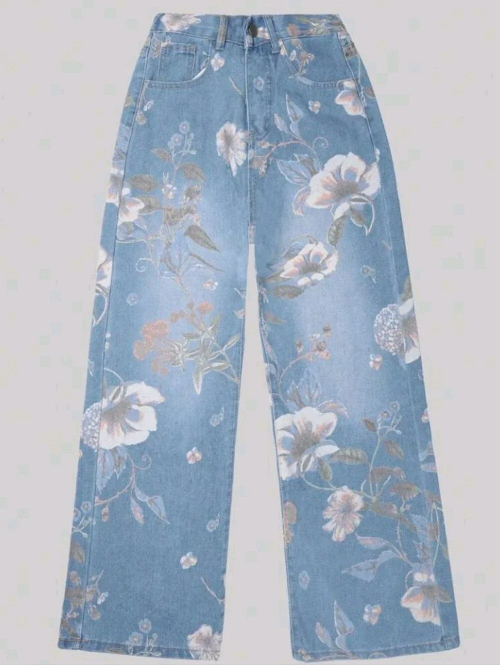 90s Retro Print High Waist Side Pocket Wide Leg Jeans, Casual Street Style